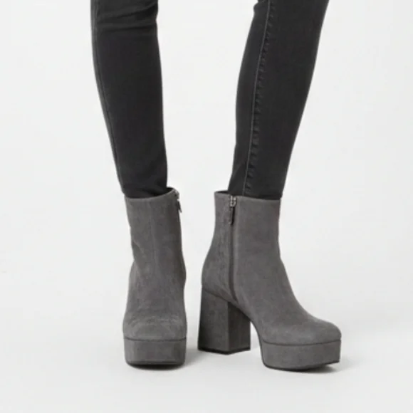 PRADA Grey Suede Platform Retro Block Chunky Heel Ankle Bootie Round Toe 38 - Picture 1 of 14